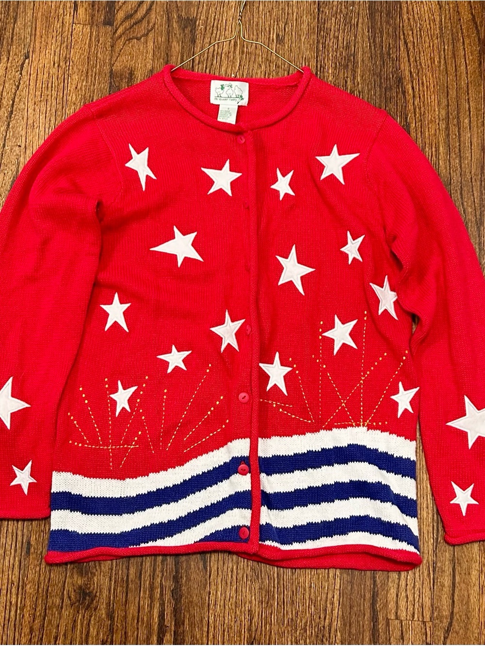 Quacker Factory Red Star Button-Front Cardigan with Navy & White Stripes